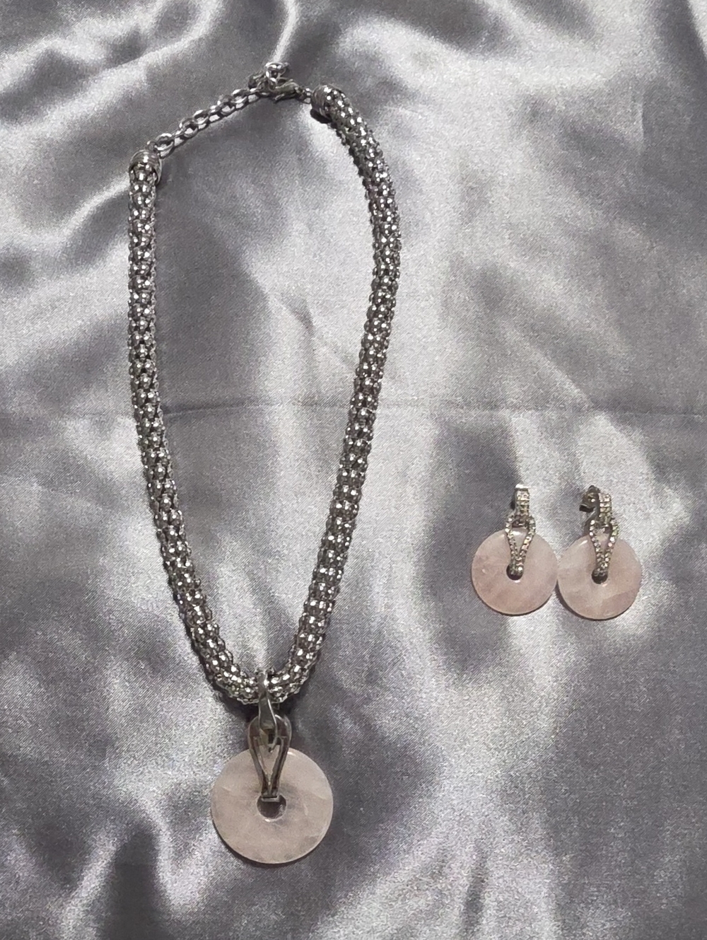 DSK Emma Sky stainless mesh Tubular Chain rose quartz discs Matching Earrings